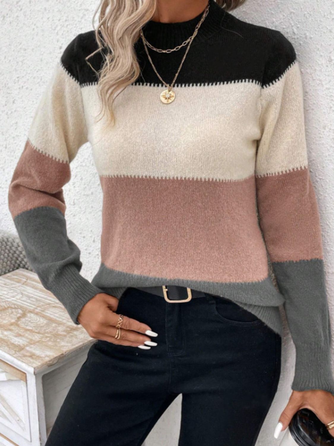 Color Block Mock Neck Long Sleeve Sweater | Bold & Cozy