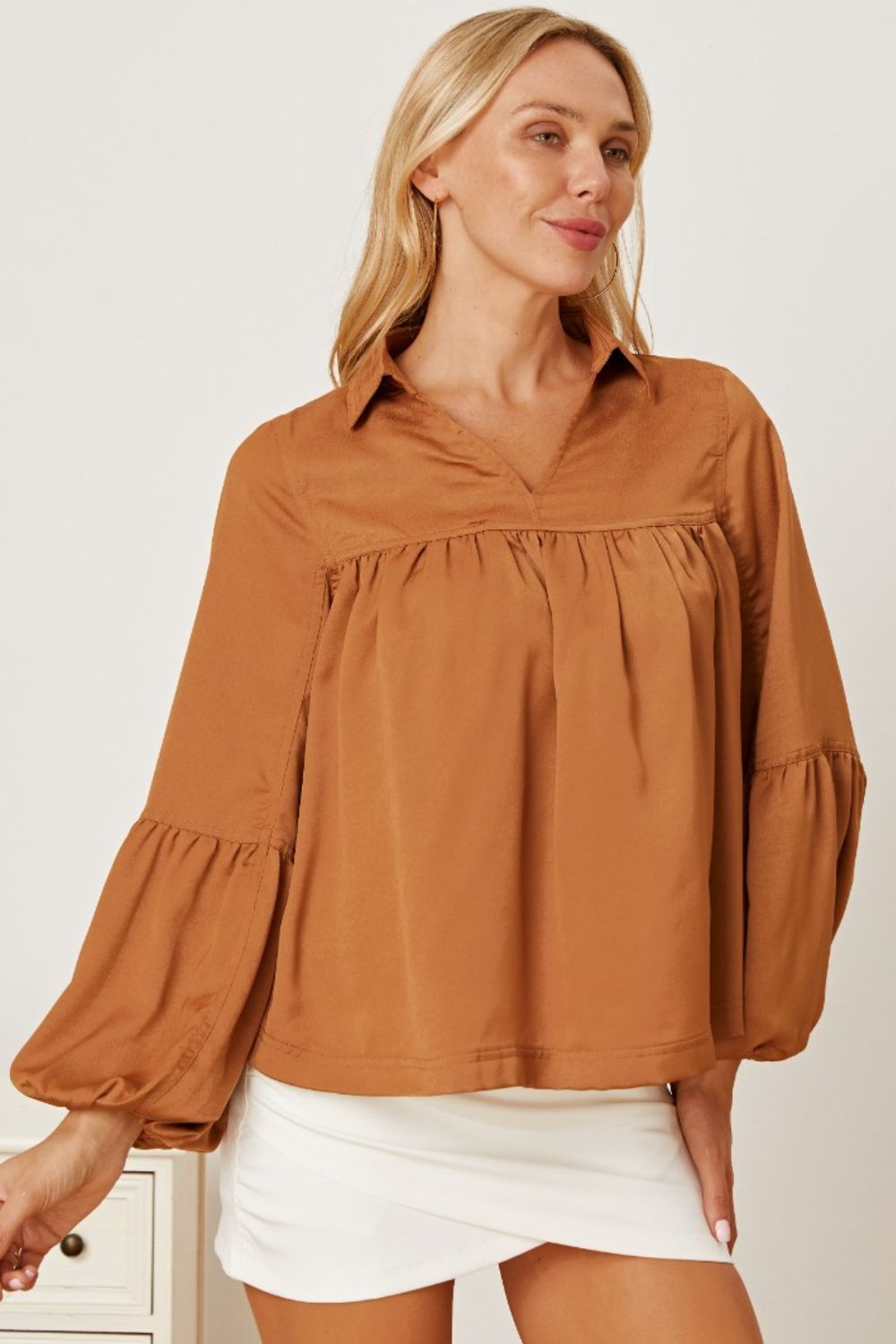 Balloon Sleeve Collared Neck Blouse in Khaki | Elegant & Versatile