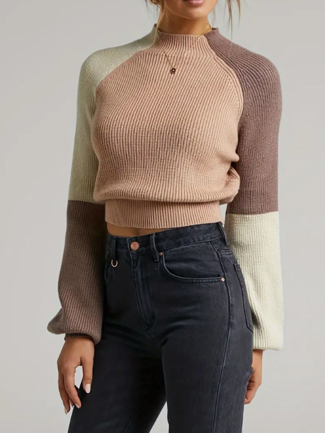 Contrast Mock Neck Long Sleeve Sweater | Stylish & Cozy