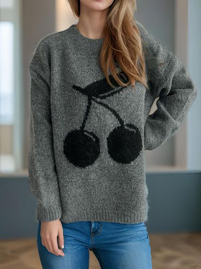 Cherry Round Neck Long Sleeve Sweater | Cozy & Cute