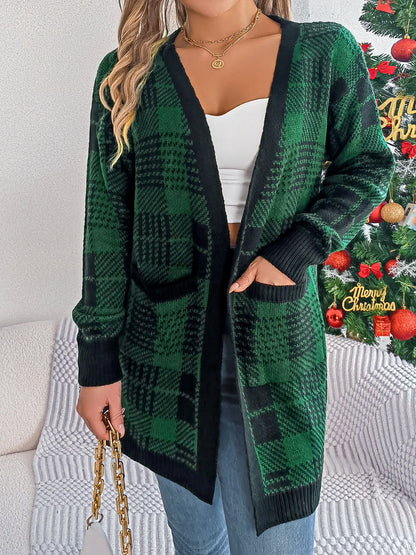 Plaid Open Front Long Sleeve Cardigan | Stylish & Pocketed