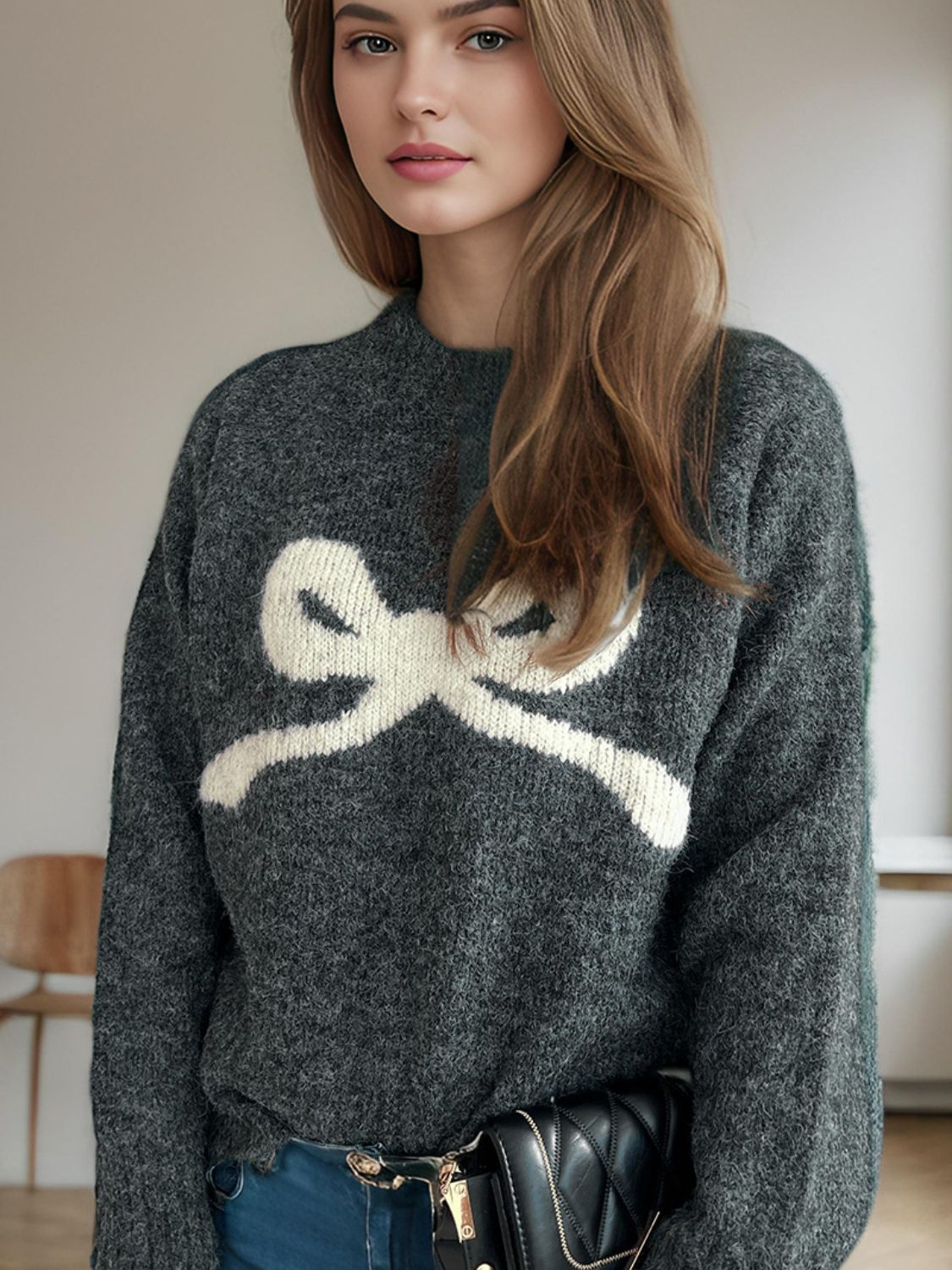 Long Sleeve Sweater with Centered Round Bow | Stylish & Cozy