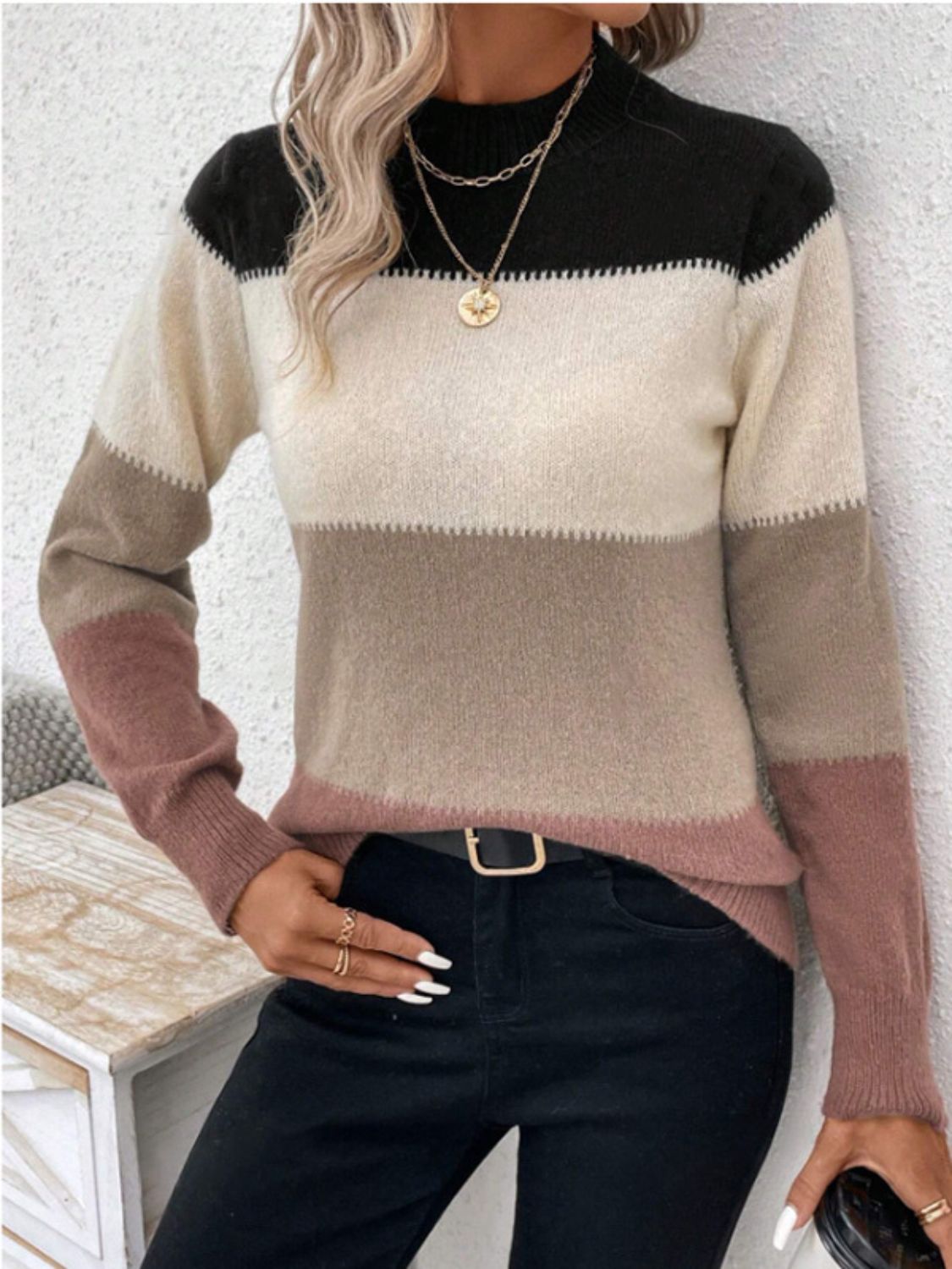 Color Block Mock Neck Long Sleeve Sweater | Bold & Cozy