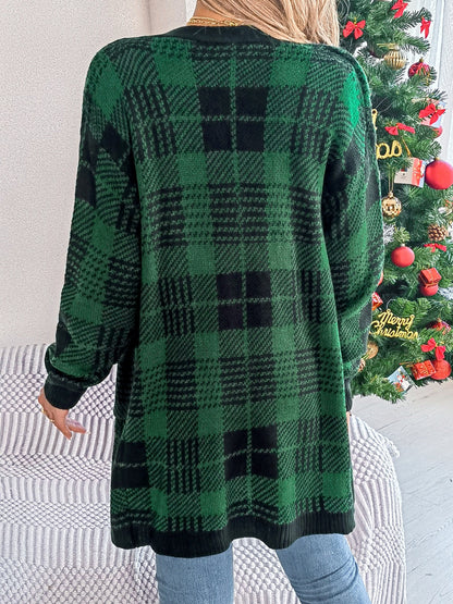 Plaid Open Front Long Sleeve Cardigan | Stylish & Pocketed