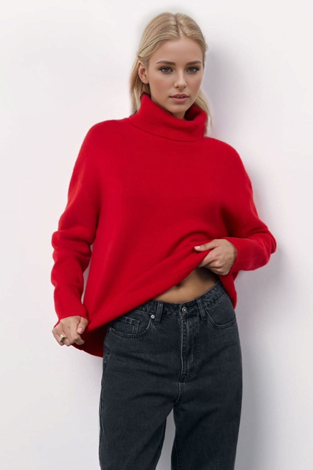 Turtleneck Long Sleeve Dropped Shoulder Sweater | Cozy & Stylish