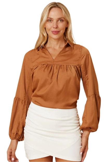 Balloon Sleeve Collared Neck Blouse in Khaki | Elegant & Versatile