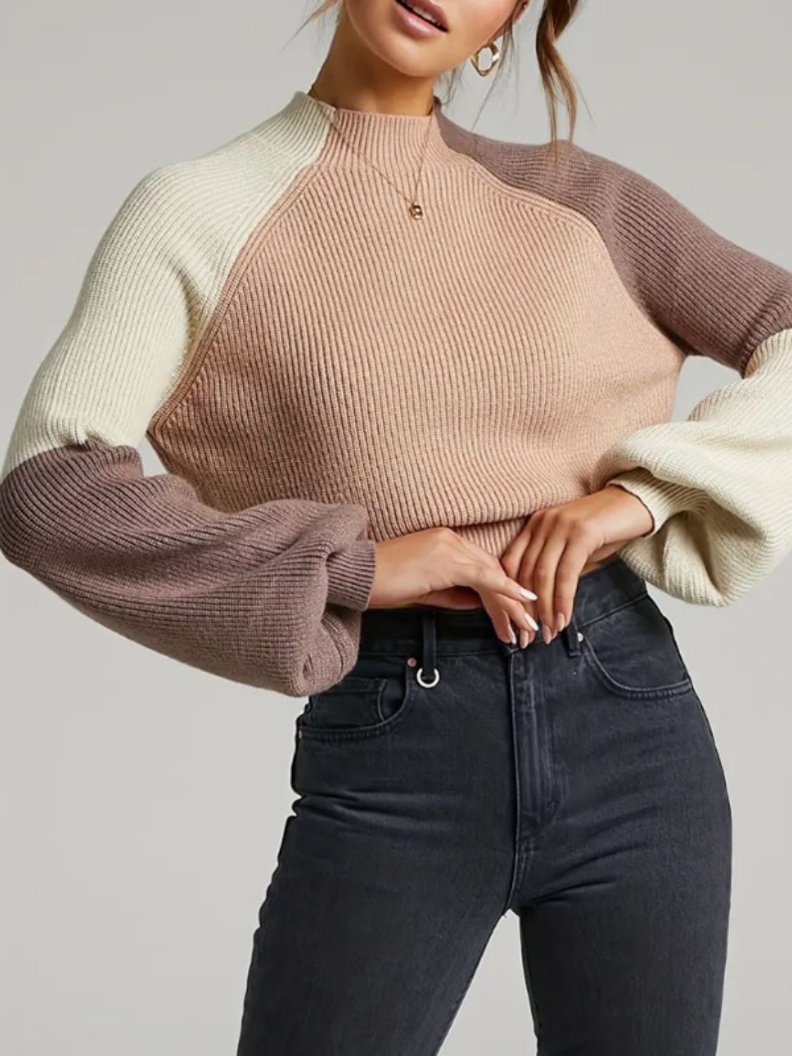 Contrast Mock Neck Long Sleeve Sweater | Stylish & Cozy