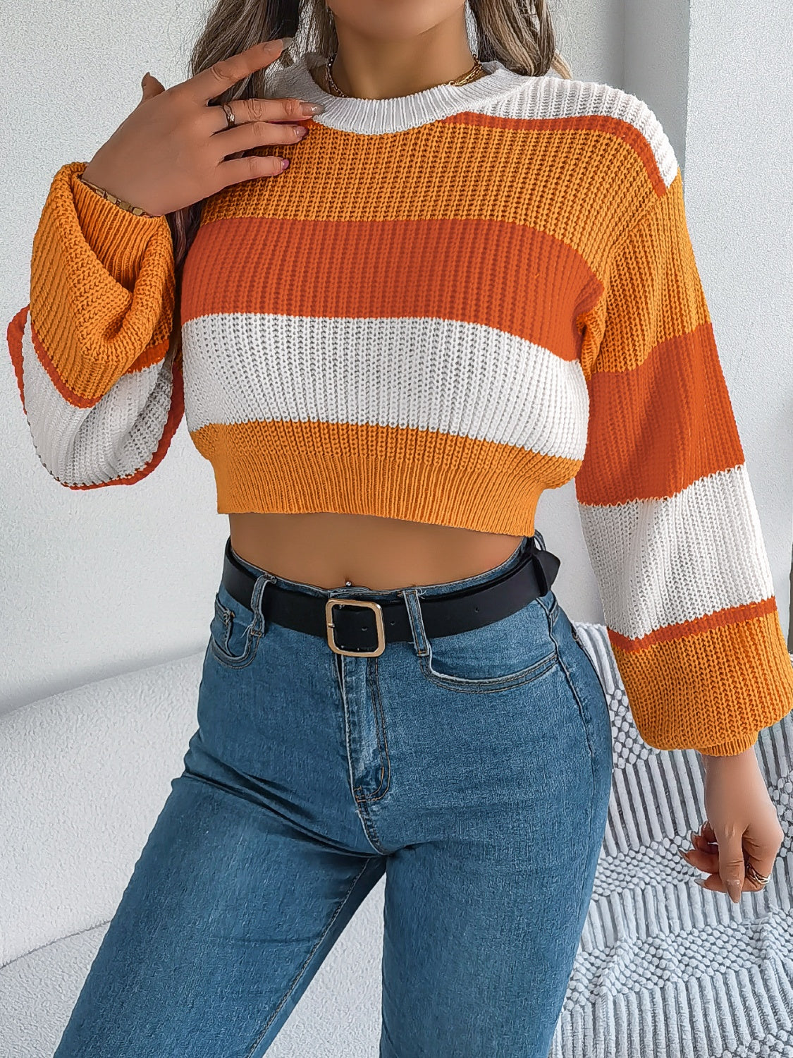 Color Block Round Neck Cropped Sweater | Trendy & Cozy