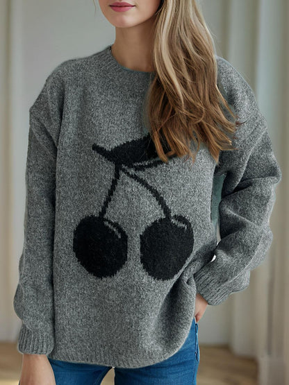 Cherry Round Neck Long Sleeve Sweater | Cozy & Cute