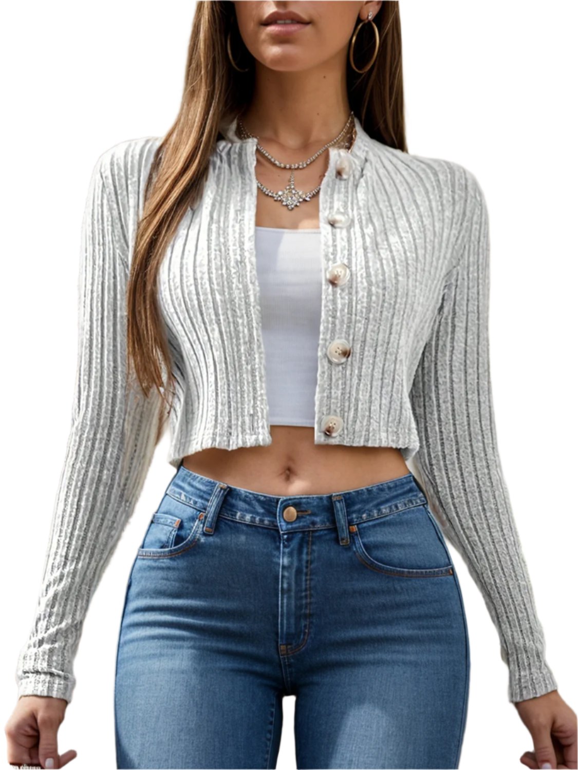 Button Up Round Neck Long Sleeve Cardigan in Gray | Cozy & Stylish