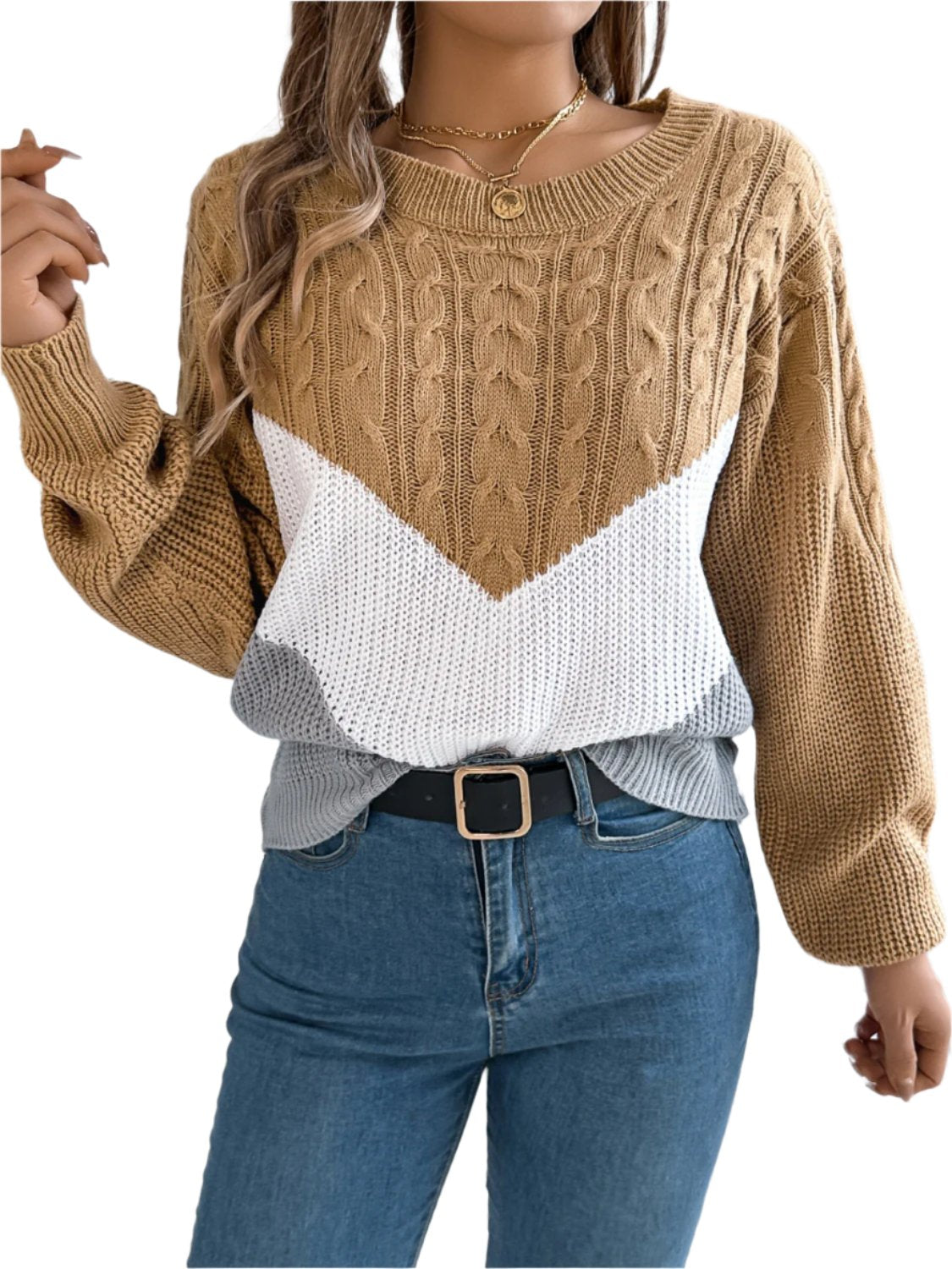 Cable-Knit Color Block Round Neck Sweater | Cozy & Stylish
