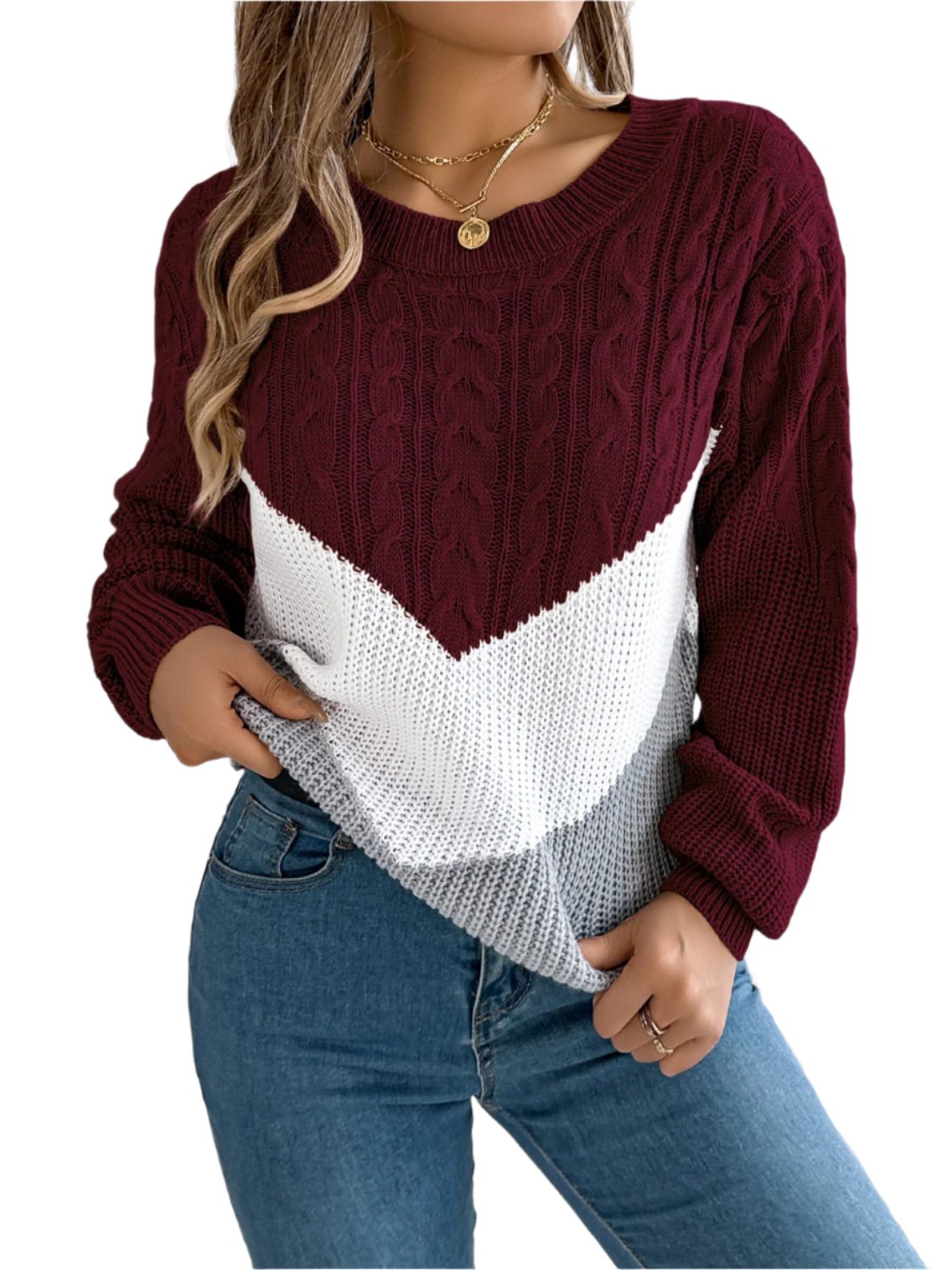 Cable-Knit Color Block Round Neck Sweater | Cozy & Stylish
