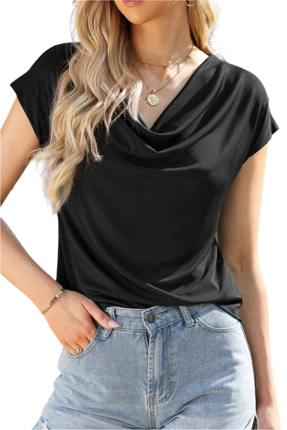 Cowl Neck Short Sleeve Shirt | Elegant & Opaque