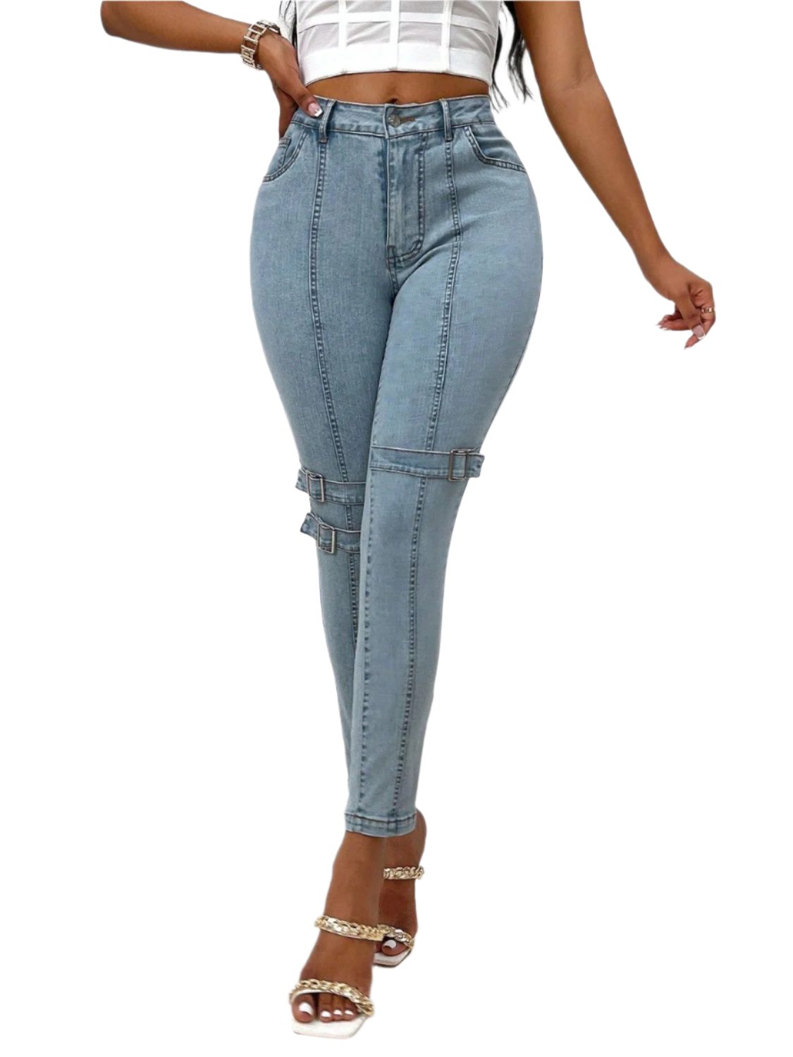 Decorative Buckle Skinny Jeans with Pockets | Stylish & Comfortable
