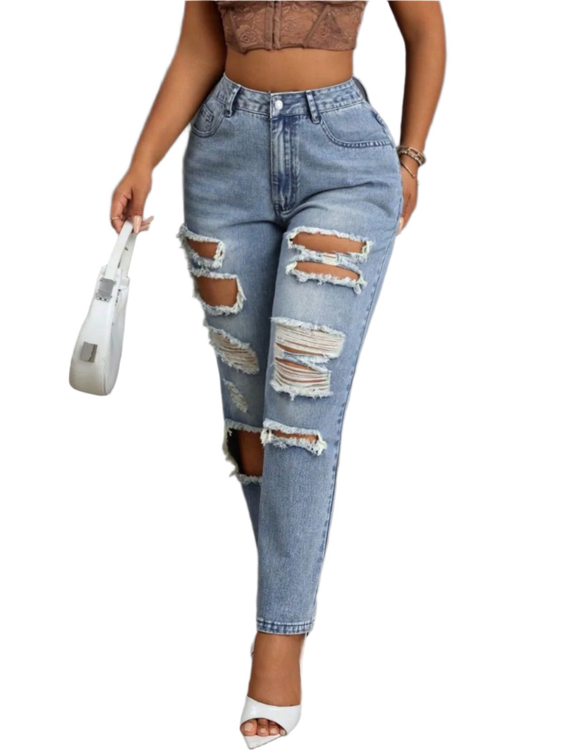 Distressed High Rise Jeans with Pockets | Stylish & Comfortable