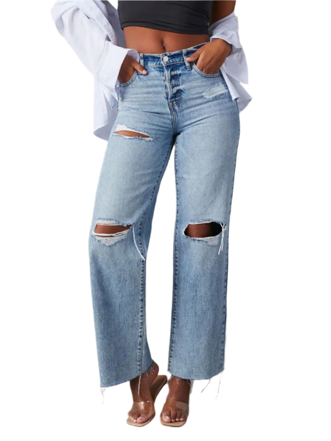 Distressed Straight Leg Jeans with Pockets | Trendy & Durable