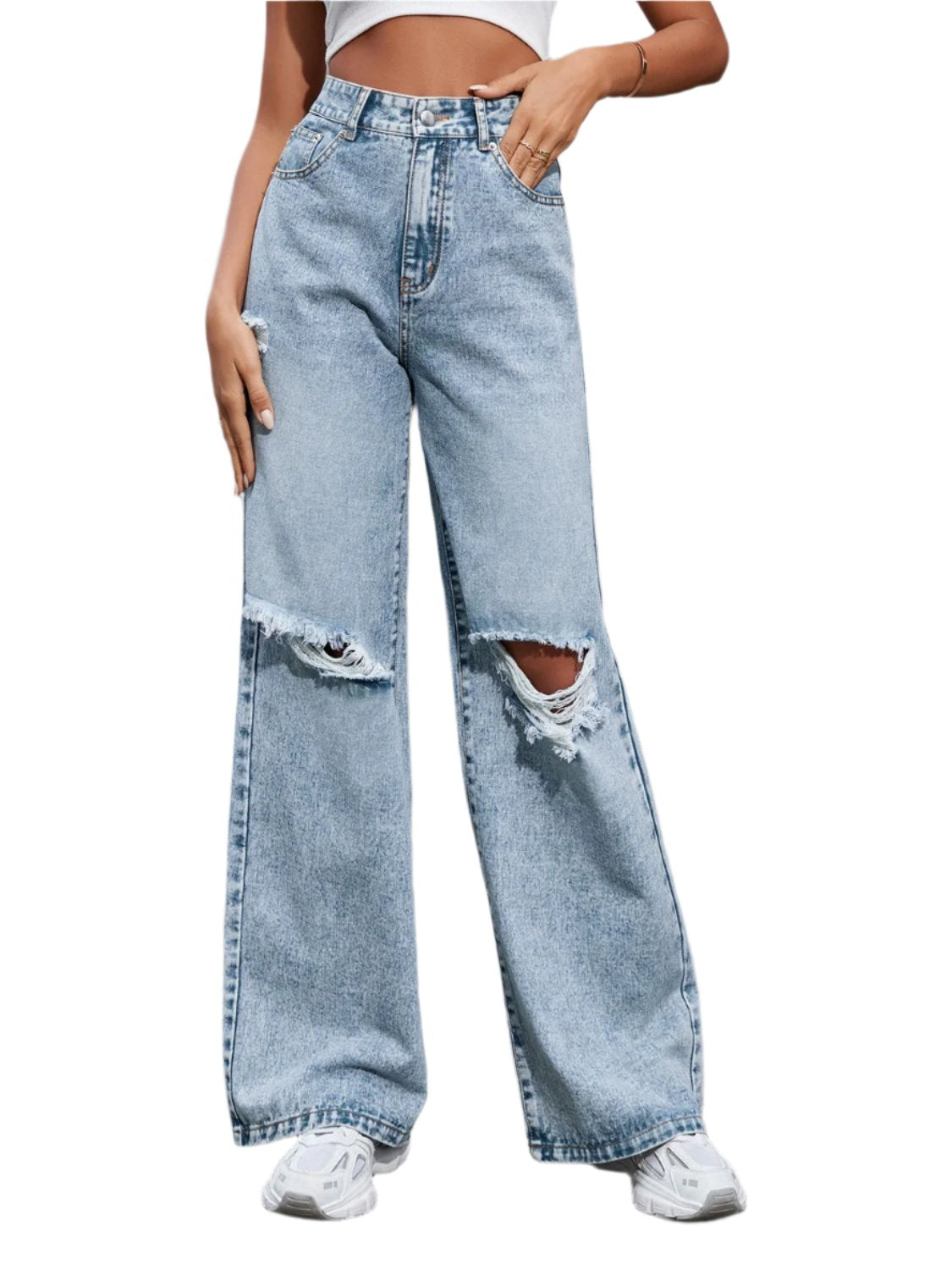 Distressed Wide Leg Jeans with Pockets | Bold & Trendy