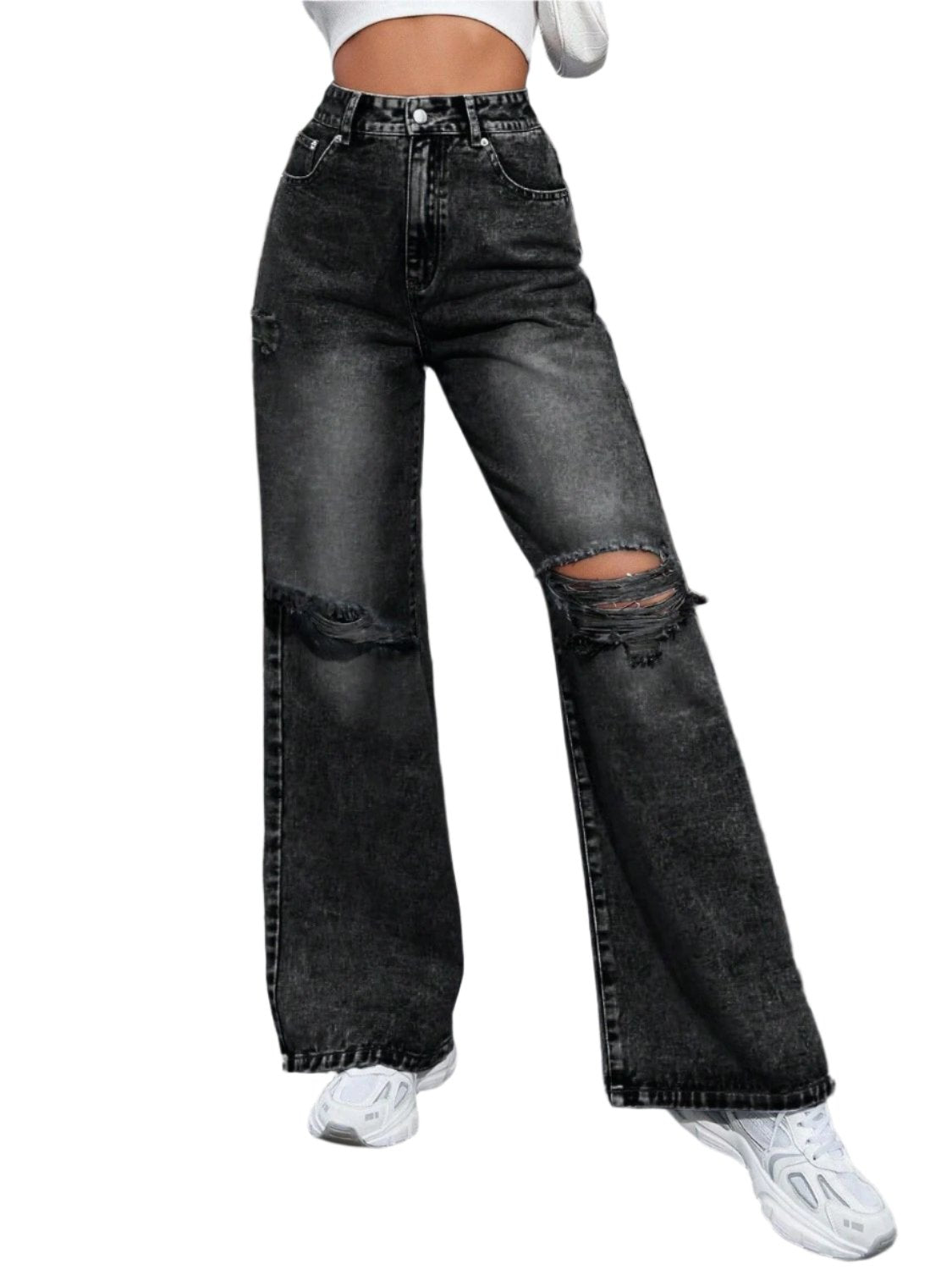 Distressed Wide Leg Jeans with Pockets | Trendy & Comfortable 