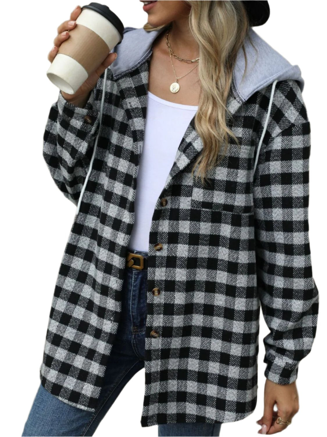 Drawstring Plaid Long Sleeve Hooded Jacket | Casual & Trendy