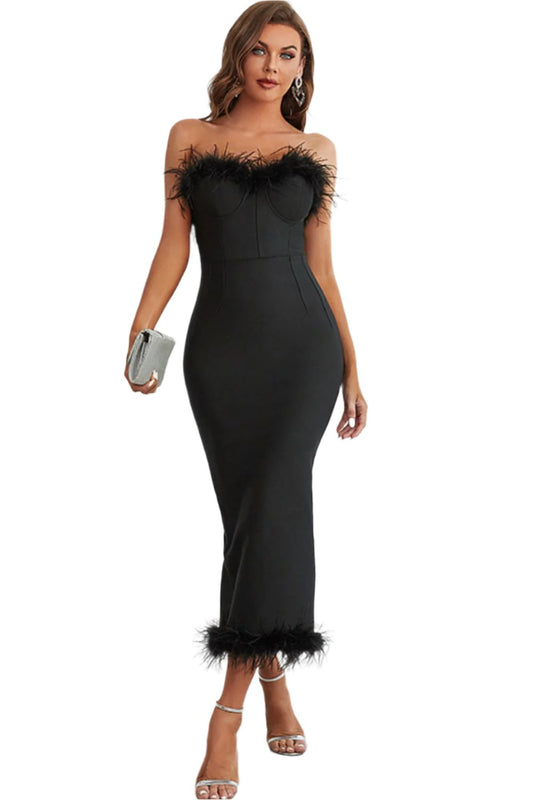 Feather Trim Strapless Sweetheart Neck Dress | Bold & Elegant