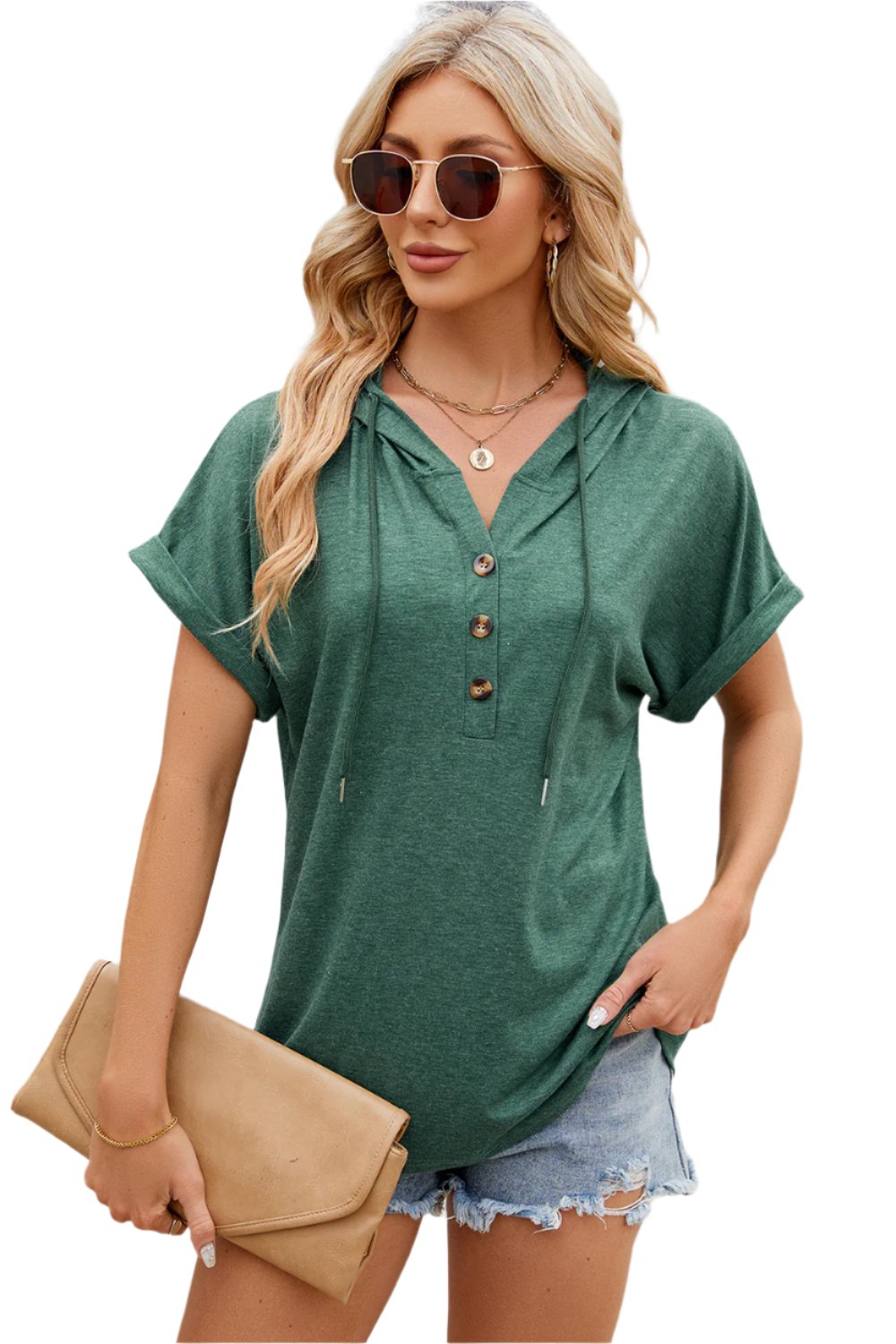 Half Button Drawstring Short Sleeve Hooded Shirt