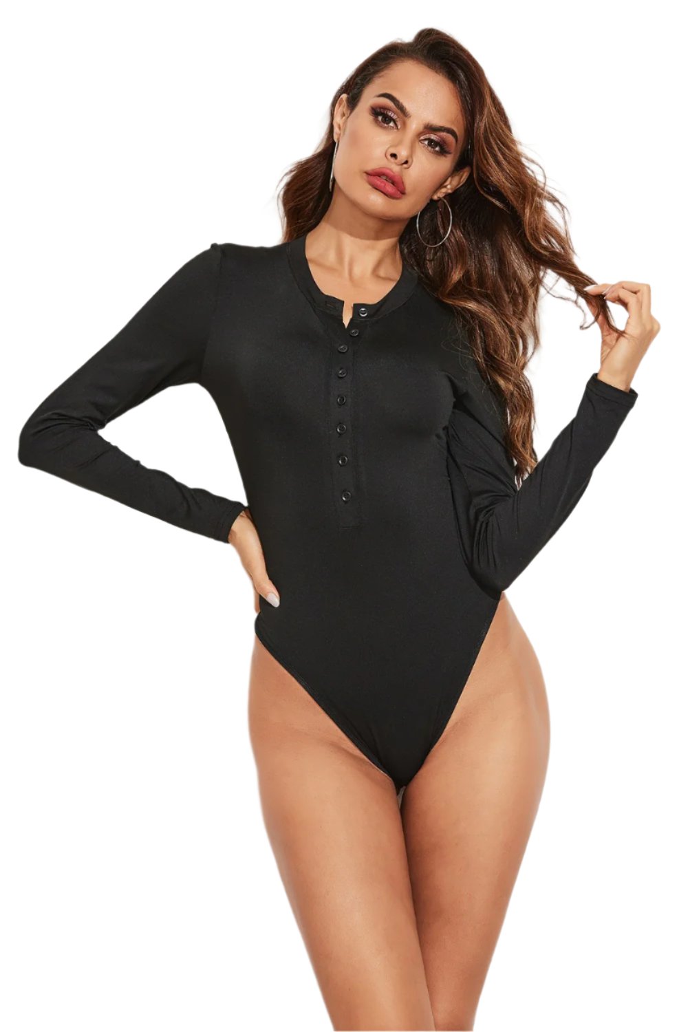 Half Button Round Neck Long Sleeve Bodysuit Swimwear