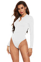 Half Button Round Neck Long Sleeve Bodysuit Swimwear in White