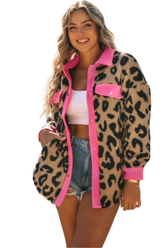 Leopard Contrast Teddy Jacket with Pockets | Cozy & Chic