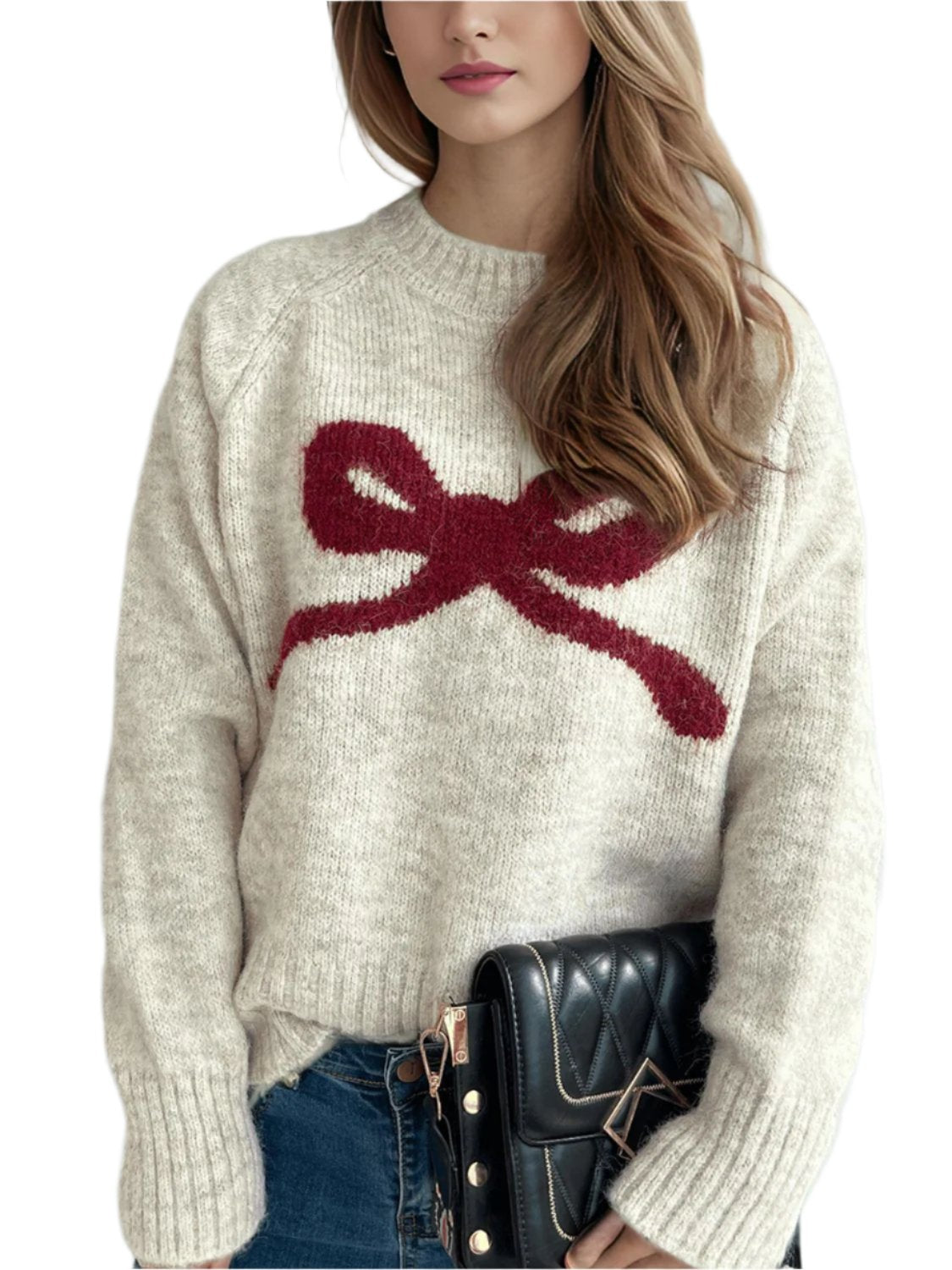 Long Sleeve Sweater with Centered Round Bow | Stylish & Cozy