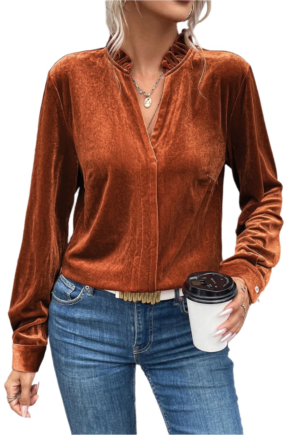 Notched Frill Detail Long Sleeve Blouse | Elegant & Stylish