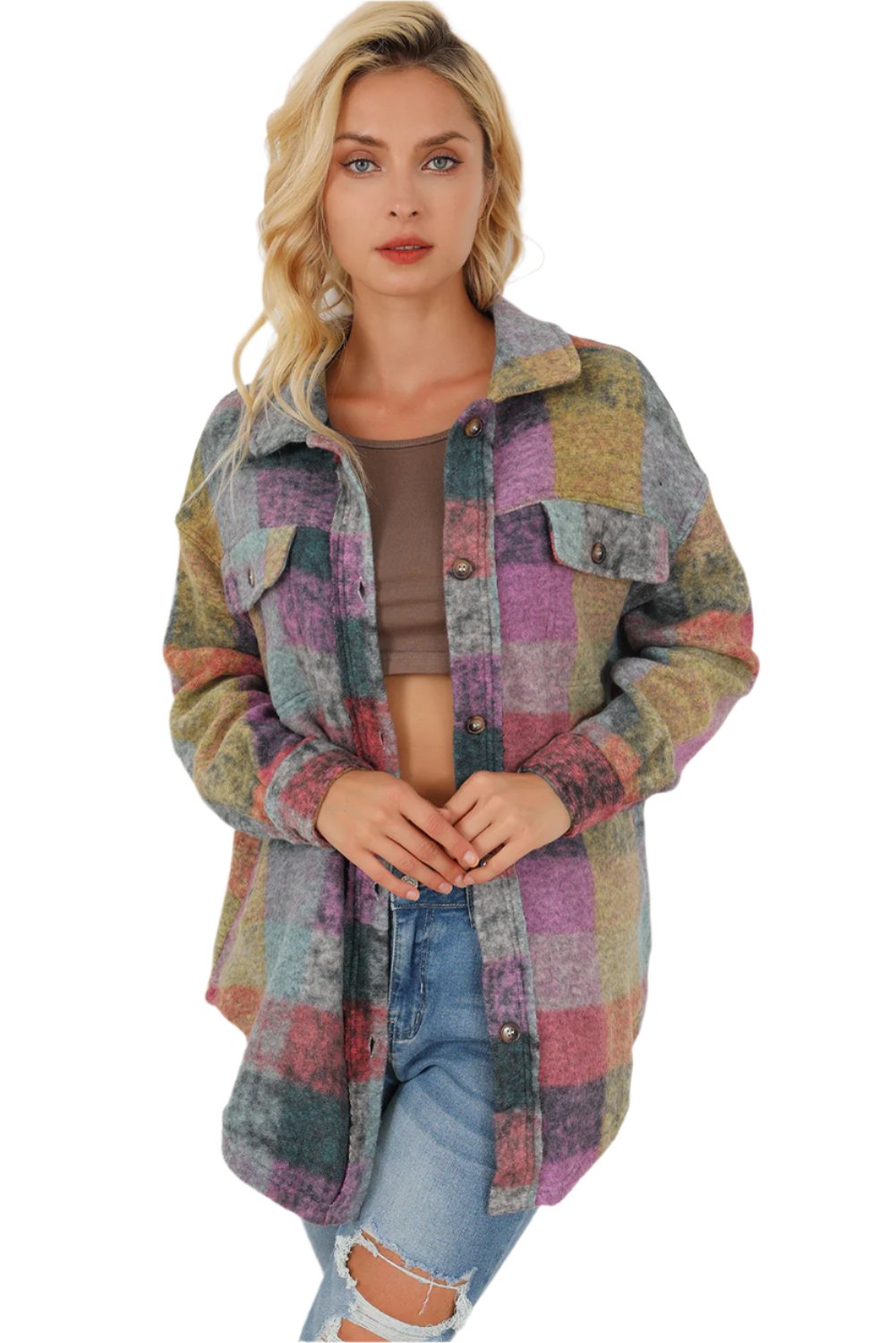 Plaid Collared Neck Button Front Jacket | Classic & Functional