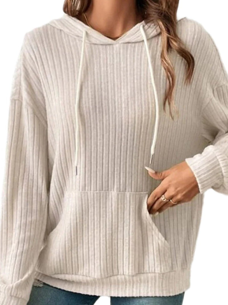 Ribbed Dropped Shoulder Drawstring Hoodie