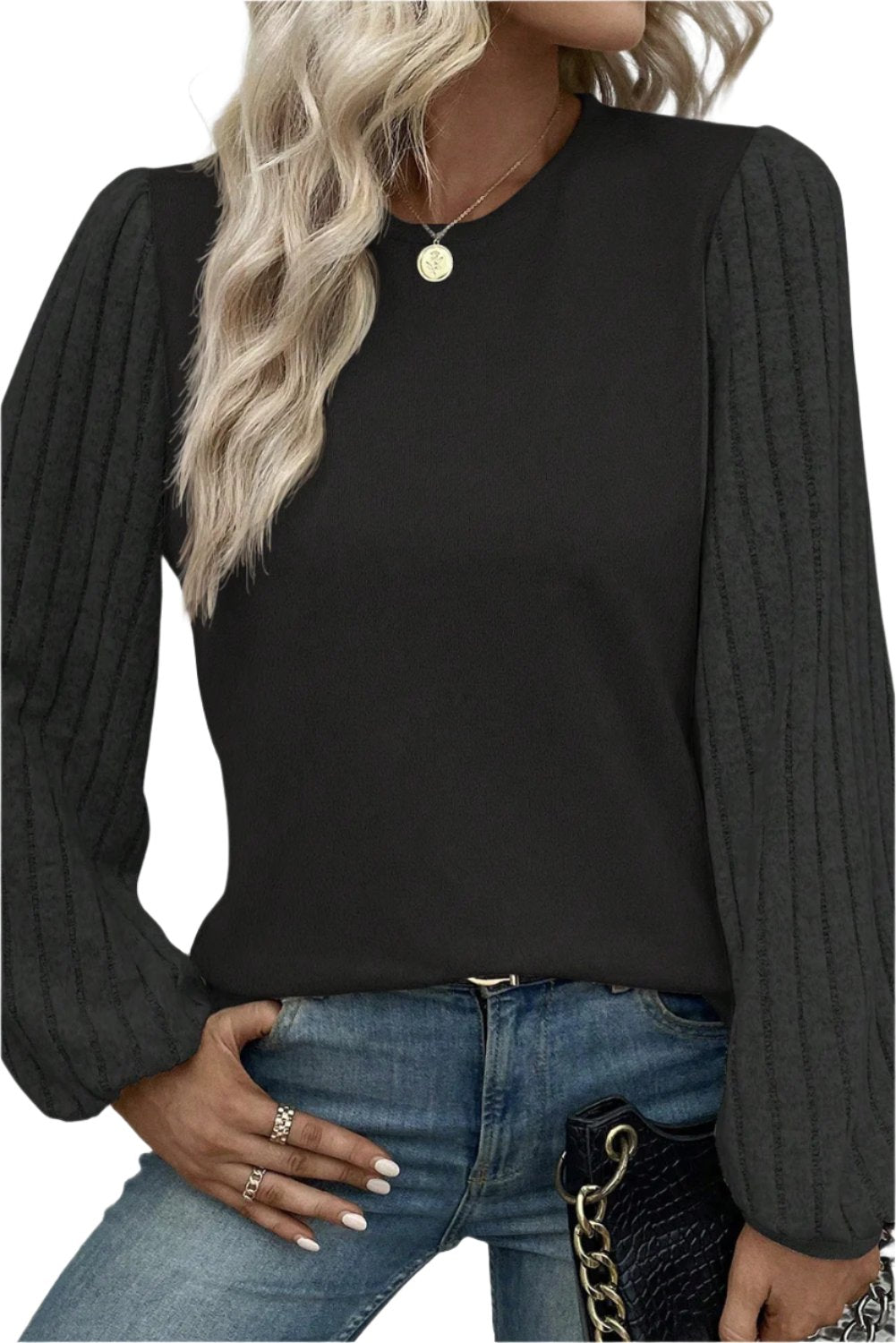 Ribbed Round Neck Long Sleeve Knit Top | Cozy & Versatile