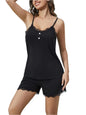Ribbed Scoop Neck Top and Shorts Lounge Set | Lace Detail & Buttons