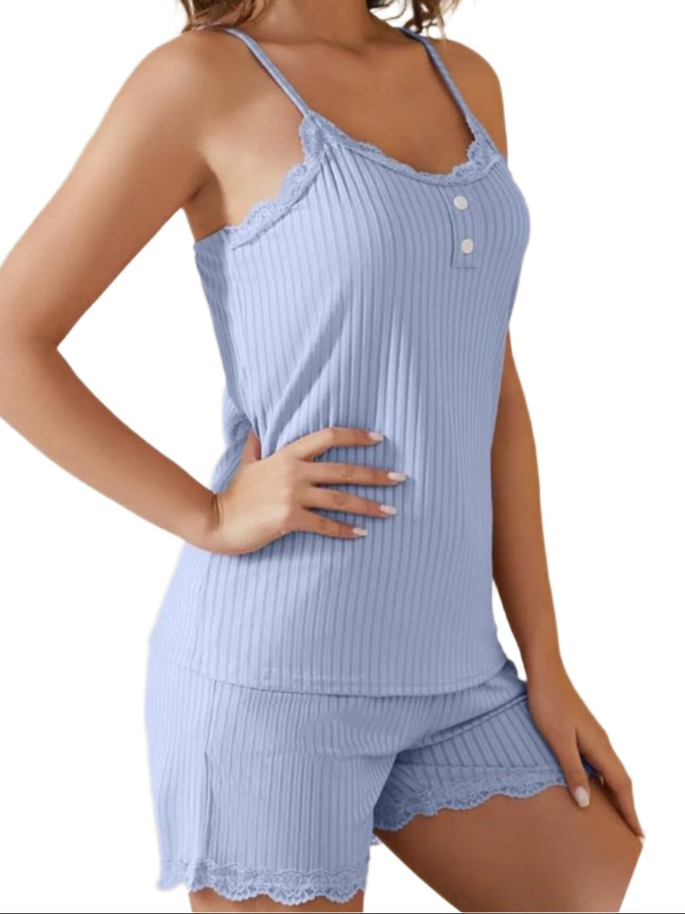 Ribbed Scoop Neck Top and Shorts Lounge Set | Lace Detail & Buttons in Light Blue
