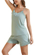 Ribbed Scoop Neck Top and Shorts Lounge Set | Lace Detail & Buttons in Light Blue in Sage