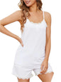 Ribbed Scoop Neck Top and Shorts Lounge Set | Lace Detail & Buttons in White