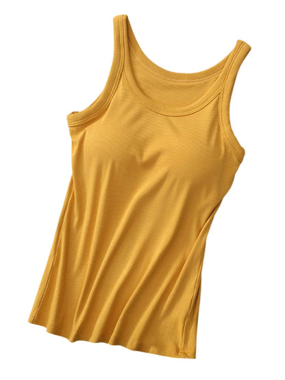 Round Neck Tank with Built-In Bra | Comfortable & Supportive in Mustard