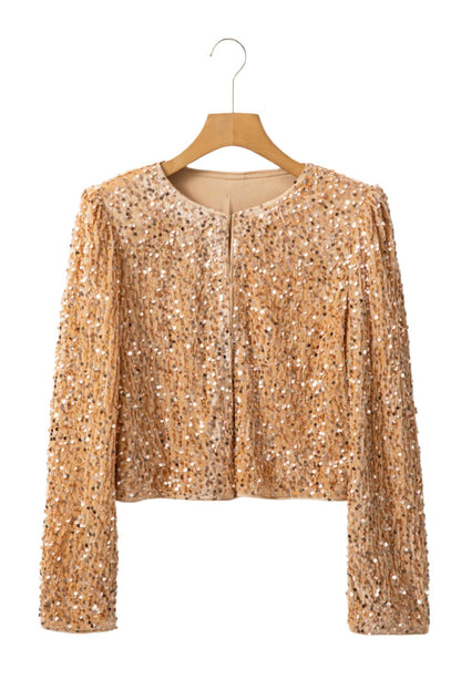 Sequin Open Front Long Sleeve Jacket | Glamorous & Chic in Tan