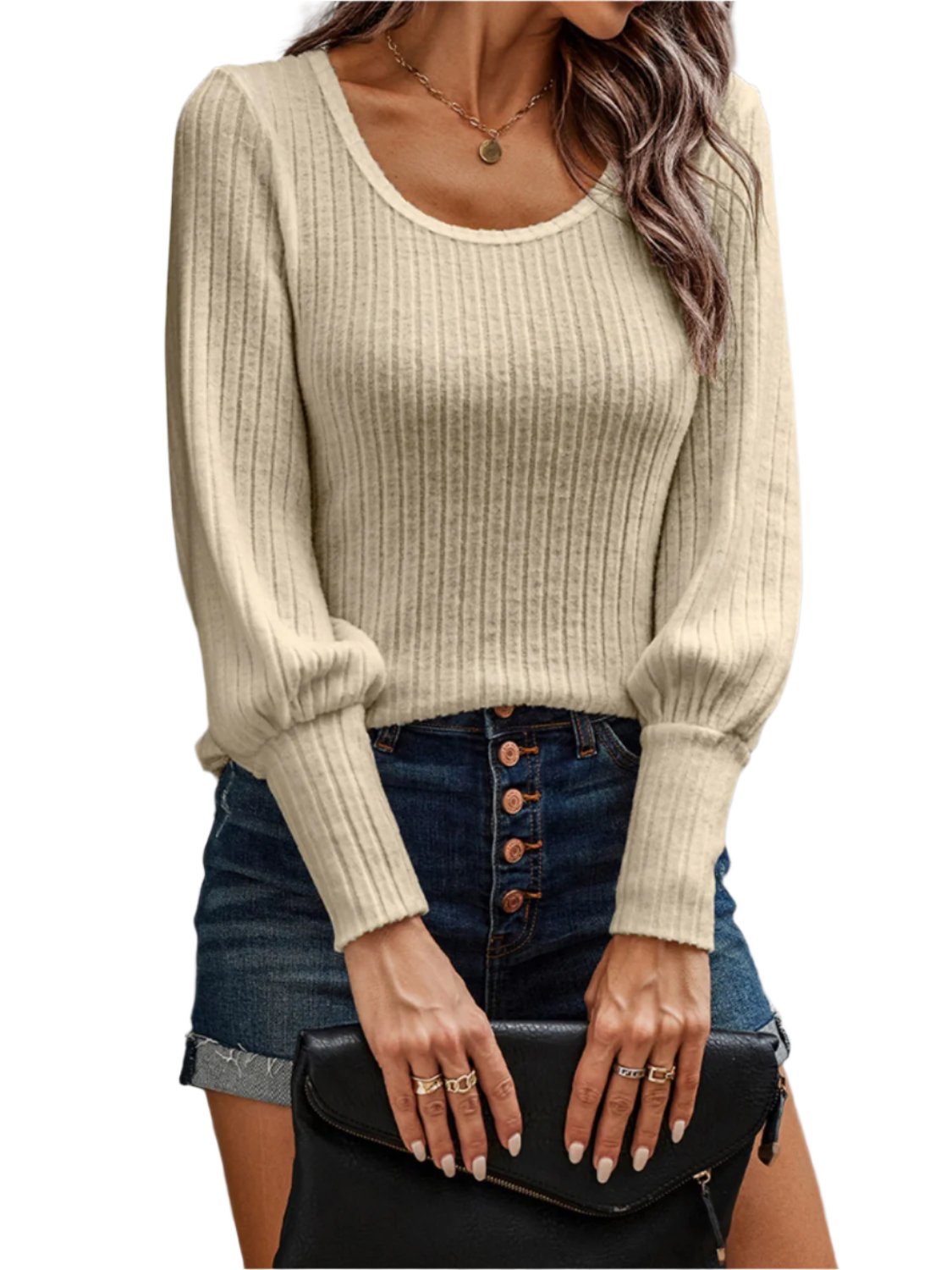 Shiny Ribbed Round Neck Lantern Sleeve Knit Top | Chic & Comfortable in Khaki