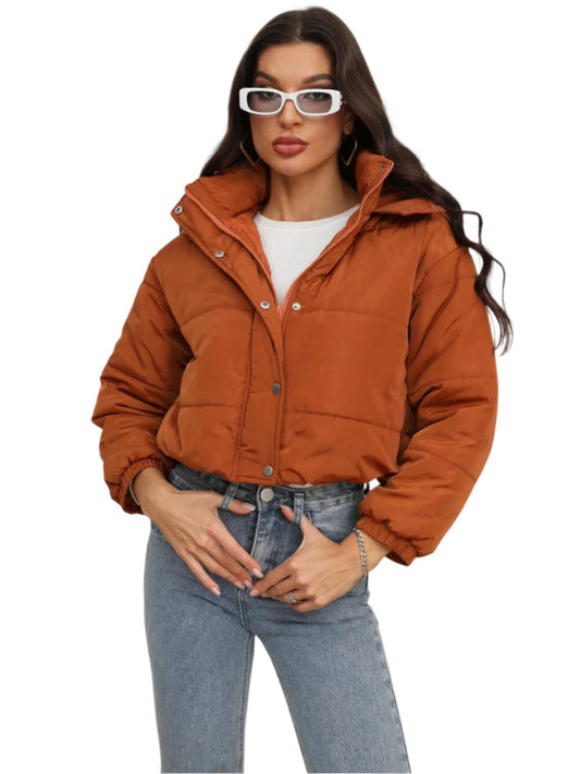 Snap and Zip Closure Hooded Puffer Jacket in Ochre