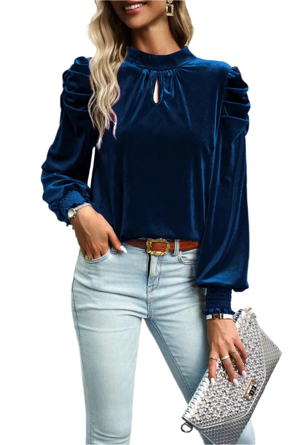 Tie Up Mock Neck Velvet Long Sleeve Blouse | Elegant & Chic in Navy