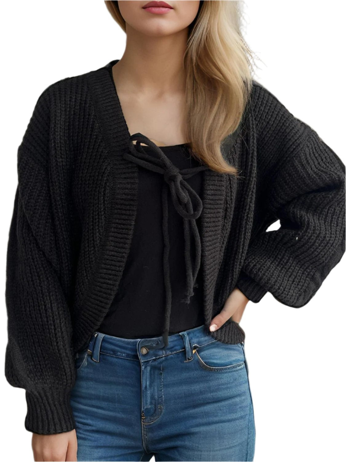 Tied Dropped Shoulder Long Sleeve Cardigan | Cozy & Stylish in Black