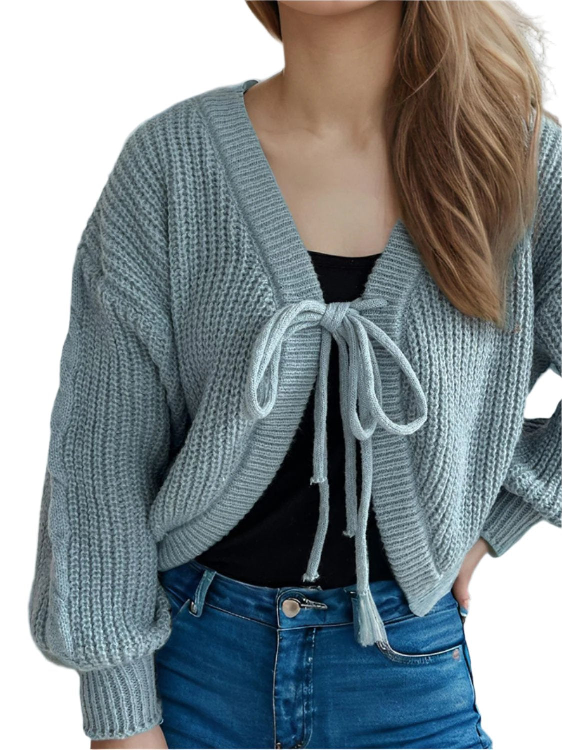 Tied Dropped Shoulder Long Sleeve Cardigan | Cozy & Stylish in Light Blue