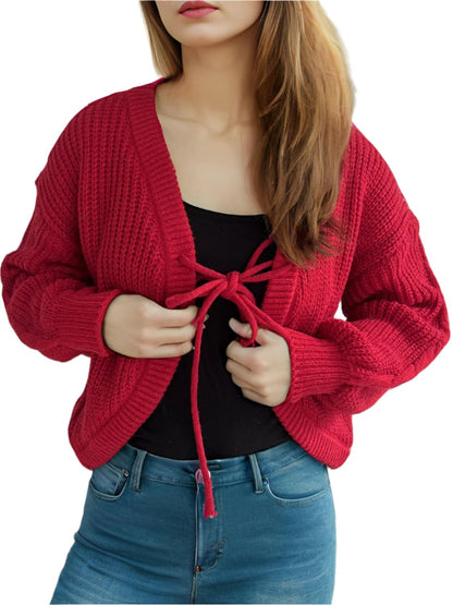 Tied Dropped Shoulder Long Sleeve Cardigan | Cozy & Stylish in Scarlet