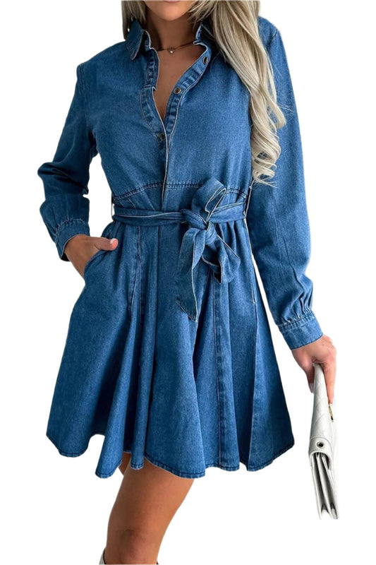Tied Half Button Long Sleeve Denim Dress | Stylish & Versatile