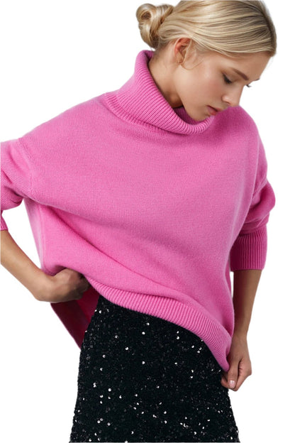 Turtleneck Long Sleeve Dropped Shoulder Sweater | Cozy & Stylish in Fuchsia Pink 