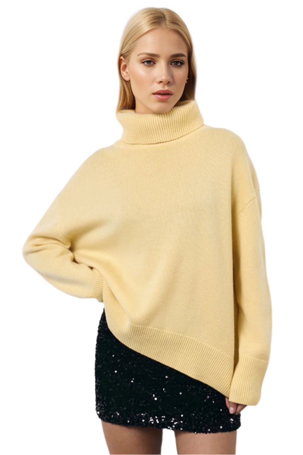 Turtleneck Long Sleeve Dropped Shoulder Sweater | Cozy & Stylish in Pastel Yellow