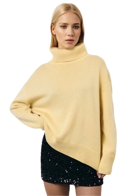 Turtleneck Long Sleeve Dropped Shoulder Sweater | Cozy & Stylish in Pastel Yellow