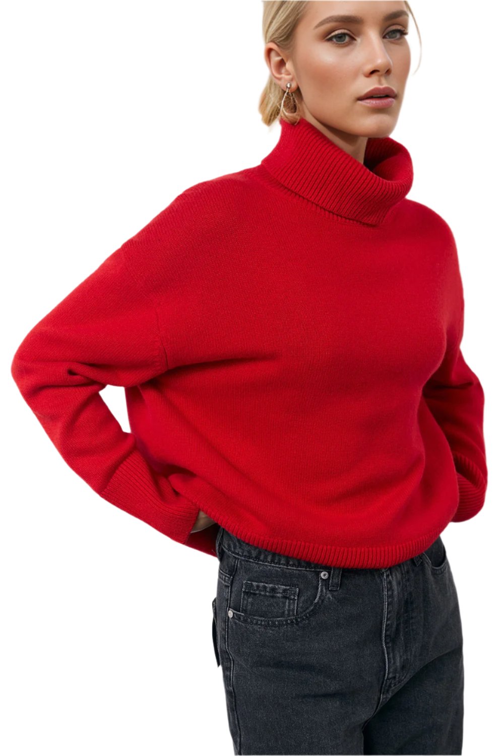 Turtleneck Long Sleeve Dropped Shoulder Sweater | Cozy & Stylish in Scarlet